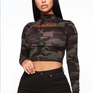Fashion Nova “No Thanks” Camo Long Sleeve Crop Top